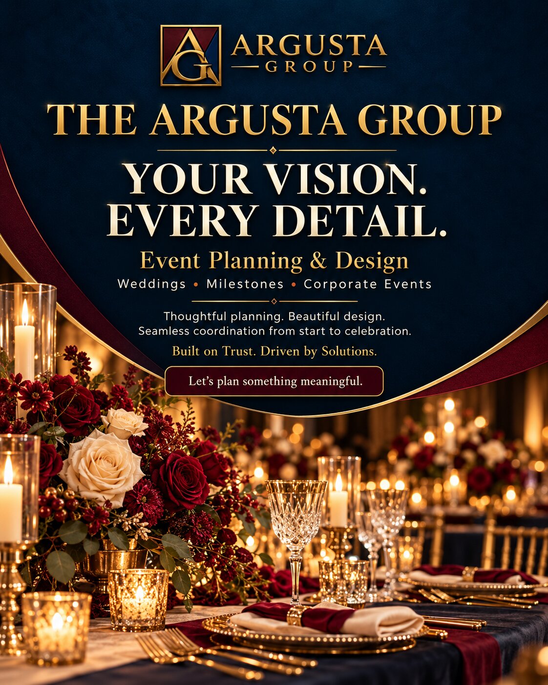 Launch announcement for the Event Planning & Design division featuring elegant event design by The Argusta Group