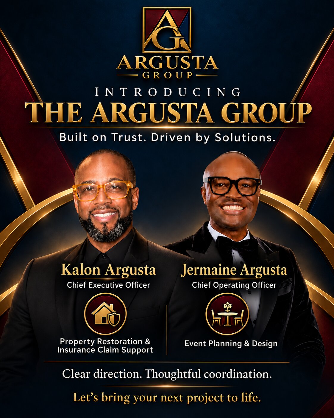 Leadership launch poster introducing Kalon and Jermaine Argusta of The Argusta Group