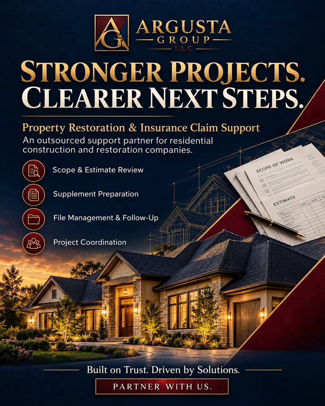 Launch announcement for the Property Restoration & Insurance Claim Support division reading Stronger projects, clearer steps